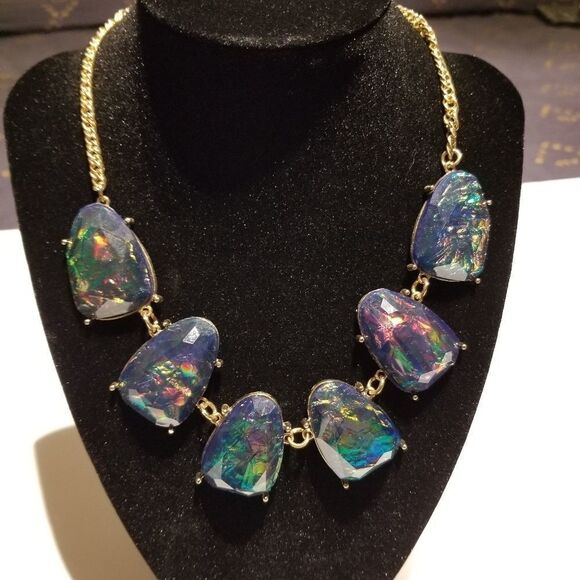 Aurora Borealis Statement Bib Pendant Necklace Blue Gold Tone Adjustable Chain - Picture 1 of 7